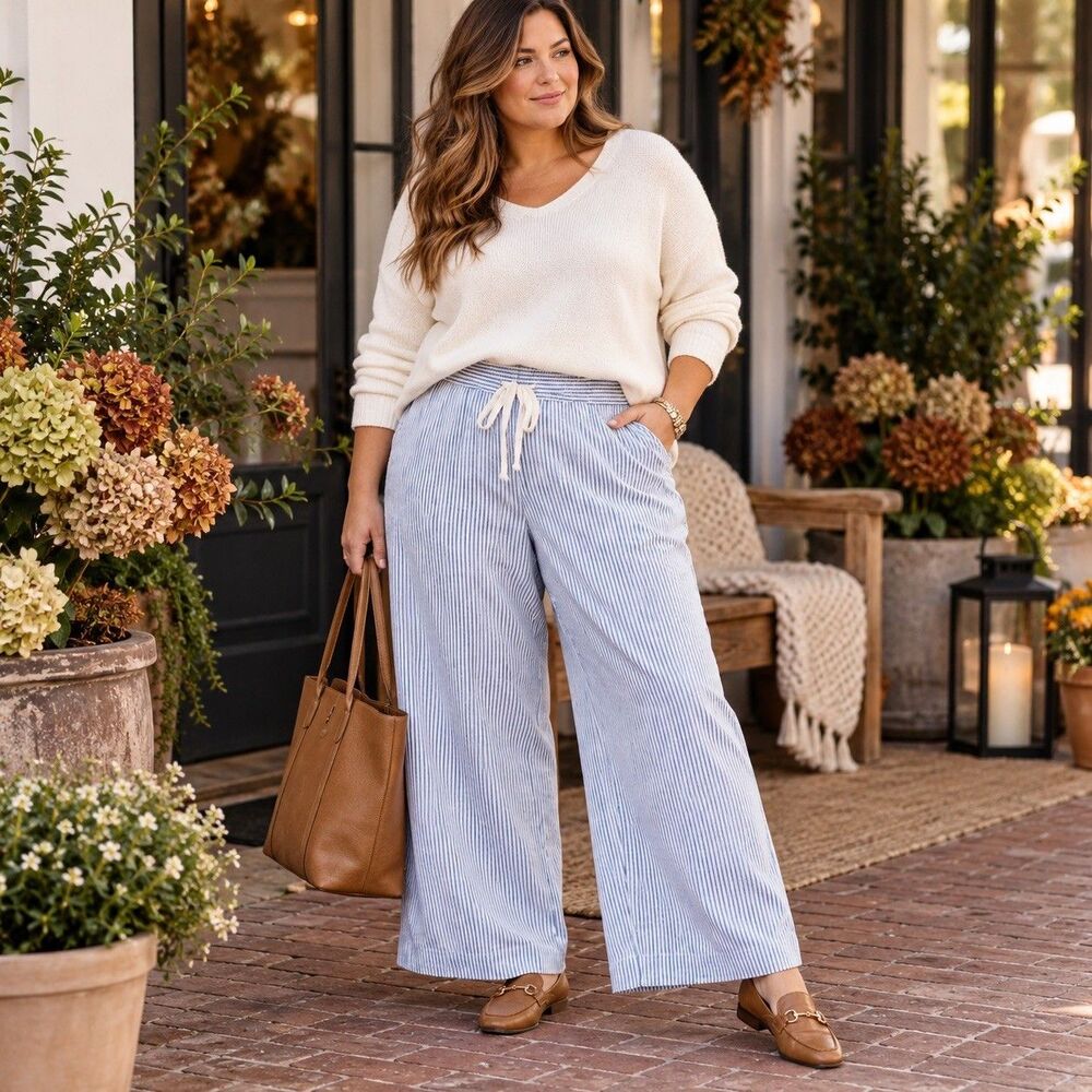 Lane Bryant Womens 20 Linen Blend Pants Blue White Stripe Wide Leg Drawstring